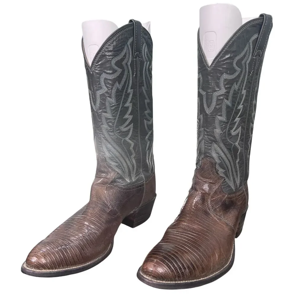 Vintage Justin Men's Brown Teju Lizard Skin Cowboy Boots Size 9.5 D